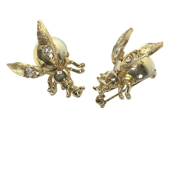 VINTAGE 1980s Bee Wiggle Stick Pins Pair Women Gold Insect Brooches Rhinestones - Picture 2 of 7